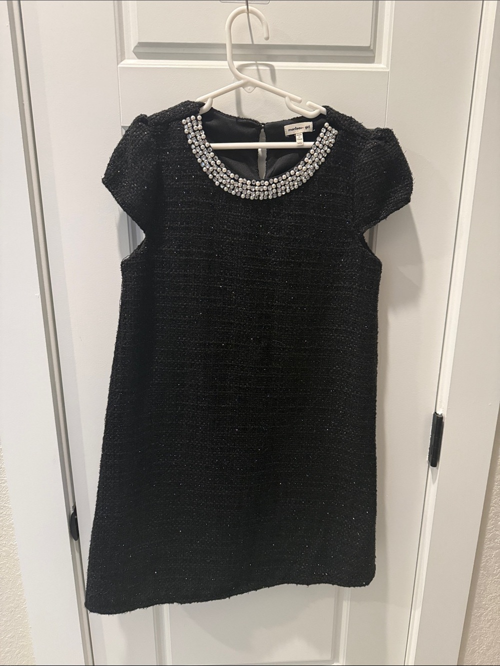 Monteau Black Tweed Dress with Jeweled Neckline